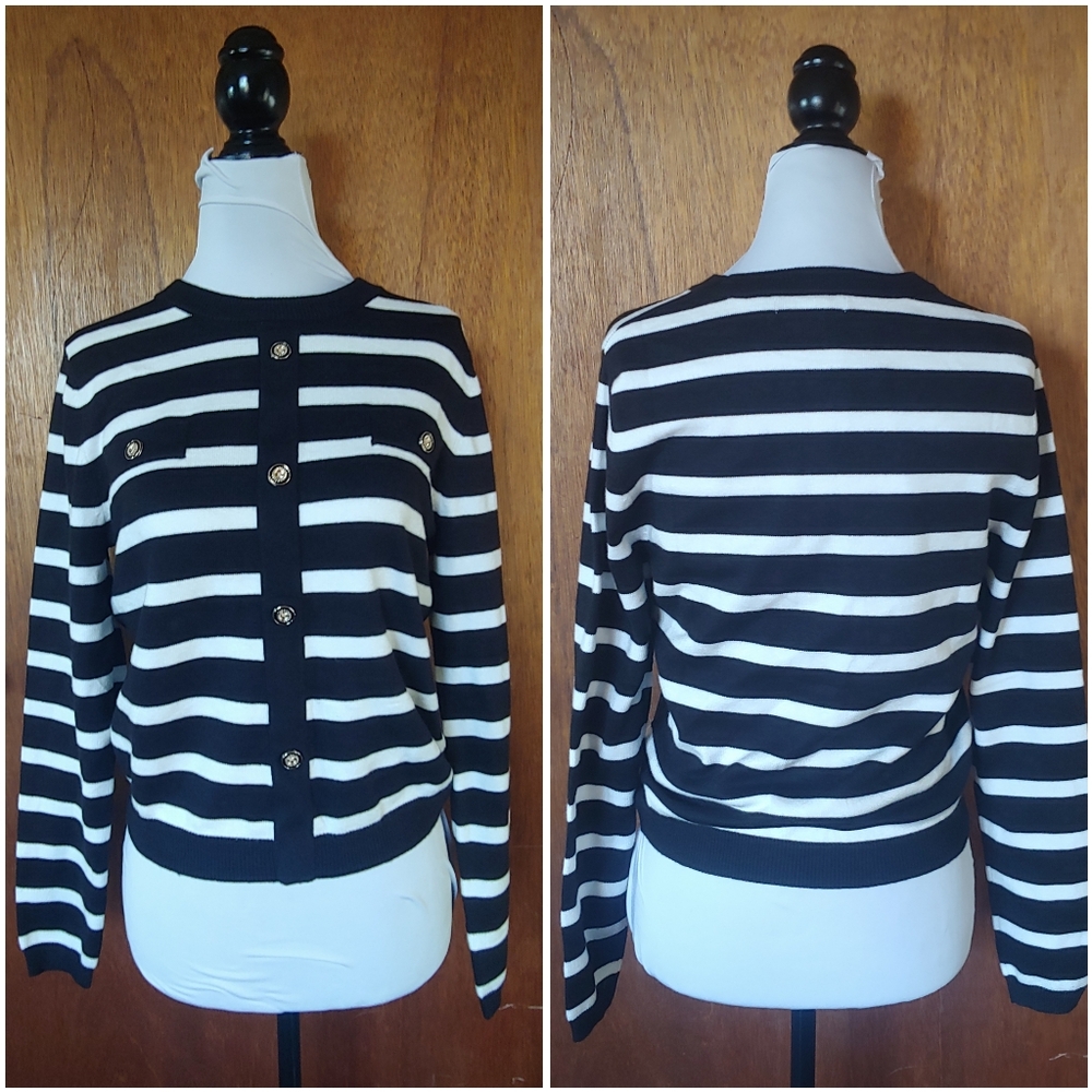 NWT Zesica Black White Striped Crew Gold Button Old Money Knit Sweater Top M - Picture 2 of 9